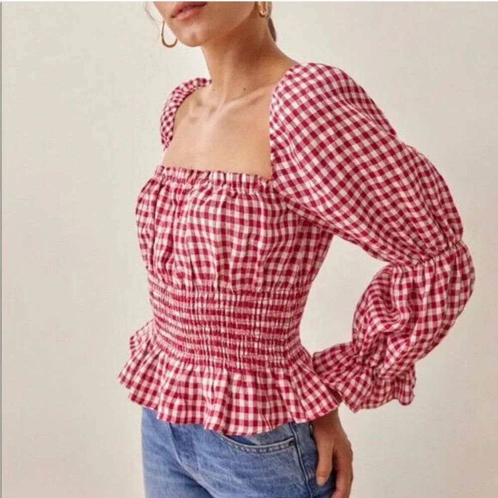 Reformation Red and White Gingham Smocked Peplum Top